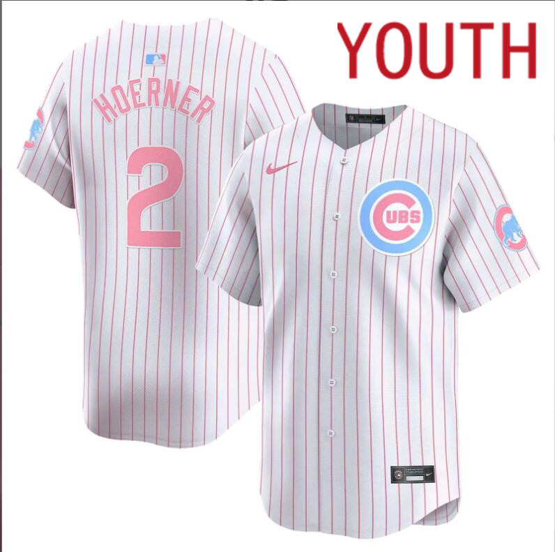 Youth Chicago Cubs #2 Hoerner white with red strips 2024 Nike MLB jersey